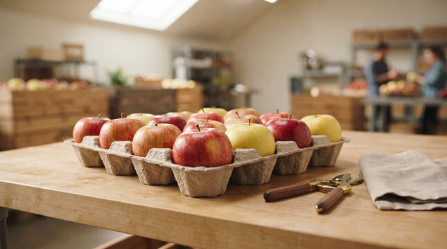 Fresh red and yellow apples in paper pulp tray on wooden worktable with tools in apple packing facility backdrop