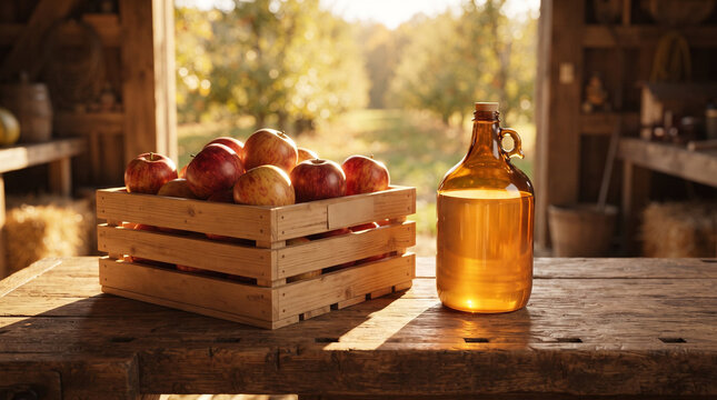 Wooden crate of fresh red apples with glass cider jug on rustic table in warm golden sunlight against barn interior and orchard backdrop