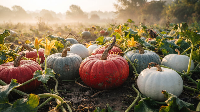 Colorful heirloom pumpkins with yellow blossoms on vines in misty field under warm morning sunrise light