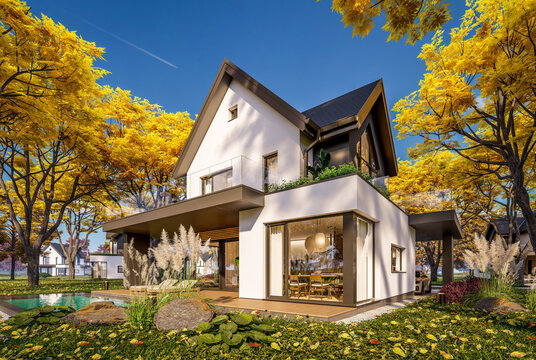 3d rendering of contemporary architectural luxury house exterior. Modern Scandinavian style family home with a white plaster walls, beautiful garden. Clear sunny autumn day with golden leaves anywhere