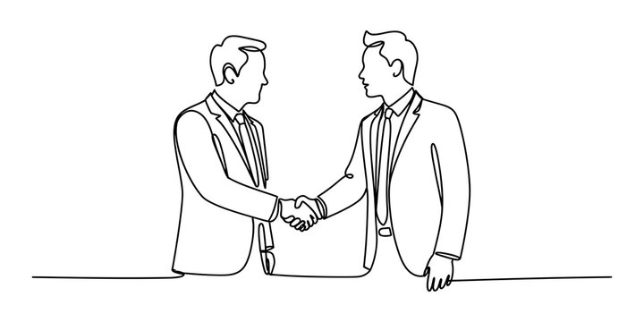 Two business men in suits shaking hands in a continuous line drawing art style