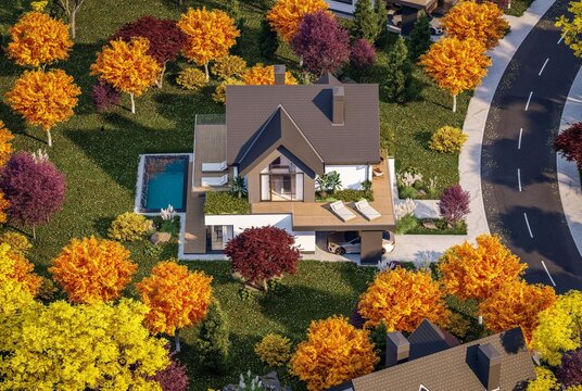 3d rendering of contemporary architectural luxury house exterior. Modern Scandinavian style family home with a white plaster walls, beautiful garden. Clear sunny autumn day with golden leaves anywhere