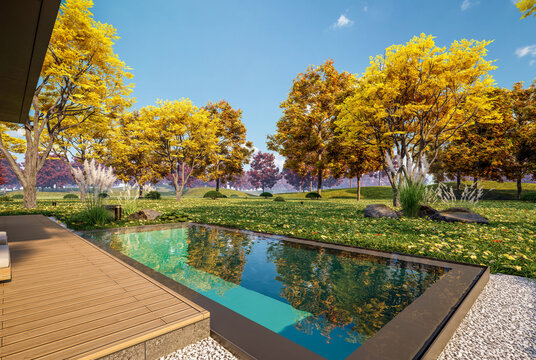 3d rendering of contemporary architectural luxury house exterior. Modern Scandinavian style family home with a white plaster walls, beautiful garden. Clear sunny autumn day with golden leaves anywhere