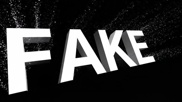 Bold white three dimensional text reading fake isolated on a solid black background representing misinformation.