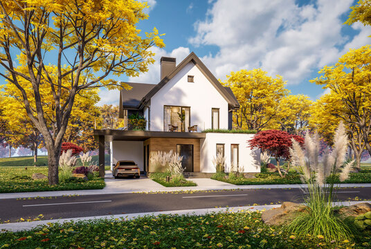 3d rendering of contemporary architectural luxury house exterior. Modern Scandinavian style family home with a white plaster walls, beautiful garden. Clear sunny autumn day with golden leaves anywhere