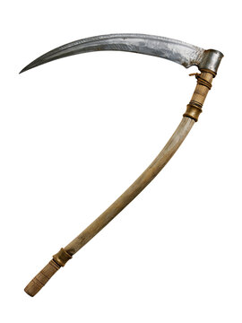 Ornate Scythe with Wooden Handle Design PNG cutout