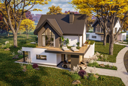 3d rendering of contemporary architectural luxury house exterior. Modern Scandinavian style family home with a white plaster walls, beautiful garden. Clear sunny autumn day with golden leaves anywhere