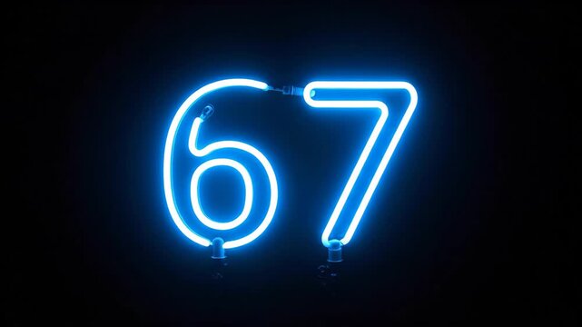 Blue neon number sixty seven glowing against a black background for anniversary or birthday celebration.