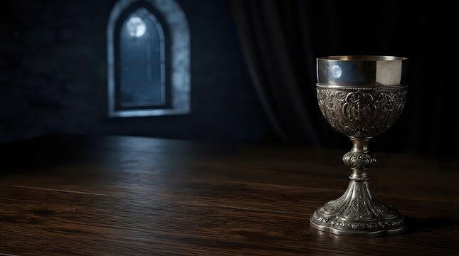 Ornate silver chalice on wooden table in dark medieval stone chamber with arched window and moonlight, suitable for religious, fantasy, and historical themes.