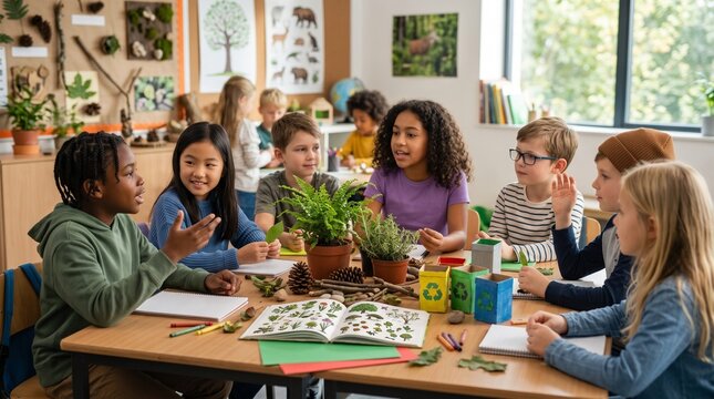 Diverse group of elementary school children engaged in a nature study lesson in a classroom setting
