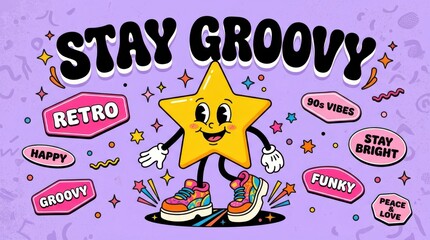 Naklejka premium Vibrant Retro 90s Groovy Star Character Illustration with Positive Quotes and Funky Design Elements