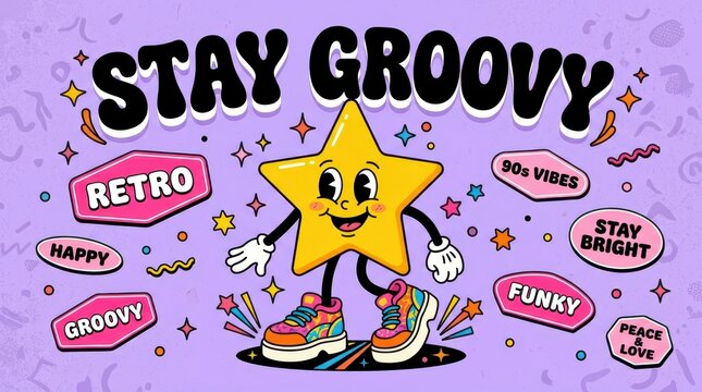 Vibrant Retro 90s Groovy Star Character Illustration with Positive Quotes and Funky Design Elements