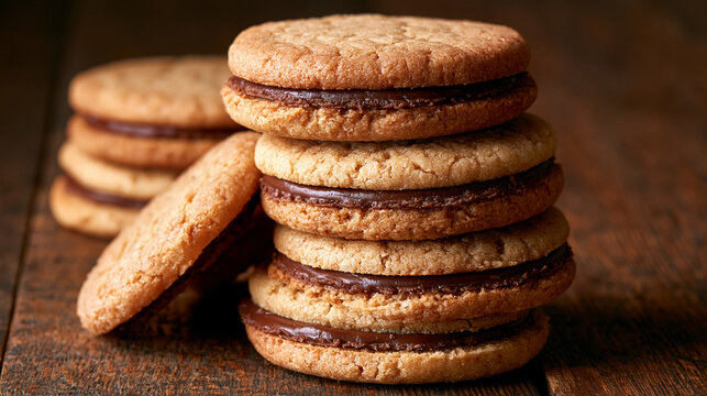 Stack of delicious chocolate sandwich cookies on a rustic wooden table. Perfect for food blog photography or dessert.