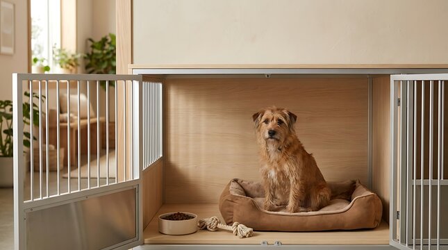A scruffy terrier sits inside a wooden dog kennel with a cushioned bed