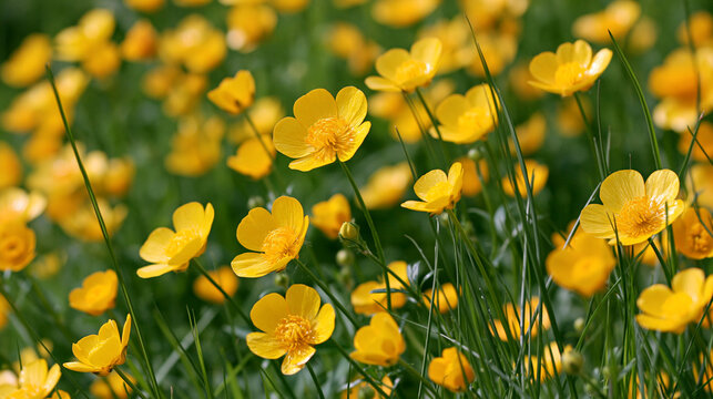 Bright yellow buttercup flowers blooming in a lush green meadow. Perfect for spring nature backgrounds and seasonal.