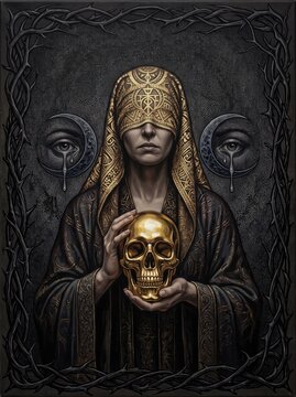 Gothic occult priestess with golden skull, mystical blindfolded woman in ornate robes, dark fantasy art with crying moon eyes and thorns