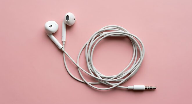 Pair of white wired earphones with a long coiled cable arranged in a circle on a solid light pink background, view, minimal style