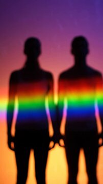 Abstract silhouette of two people with a rainbow pride flag light effect representing LGBTQ equality and inclusion.