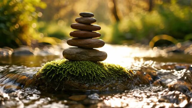 Balanced stone stack on a mossy rock in a peaceful forest stream representing zen and mindfulness.
