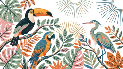 Obraz premium Tropical Jungle Illustration with Toucan, Macaw, and Heron Birds Surrounded by Exotic Monstera and Palm Leaves