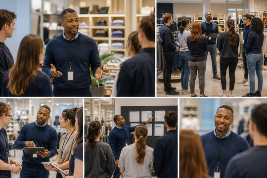 Retail manager leads a small team meeting on the store floor, discussing plans and using a tablet and wall charts while staff listen and take notes.