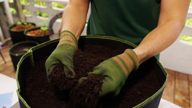 Gloved Gardener Mixes Rich Potting Soil in a Fabric Planter on a Balcony, Supporting Home Gardening and Plant Growth