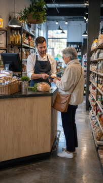 A male clerk rings up and assists a senior woman at a grocery store counter while packaged goods and shelves fill the background.