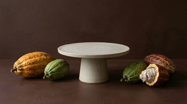 Empty light stone cake stand surrounded by colorful ripe raw cocoa pods in a high quality professional studio photography composition