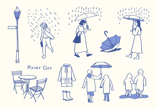 Rainy Day Hand Drawn Doodle Set with Umbrella, Raincoat, Boots and People Walking in Rainy Weather