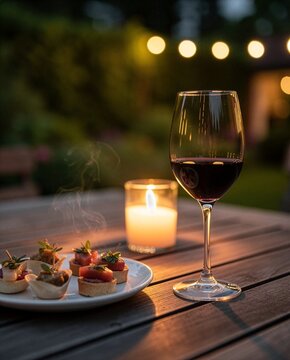 Glass of red wine and plate of canape appetizers on a rustic wooden table