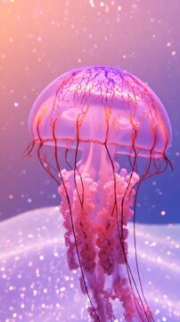 A vibrant purple jellyfish floats gracefully through sparkling bioluminescent water in a dreamy underwater scene.