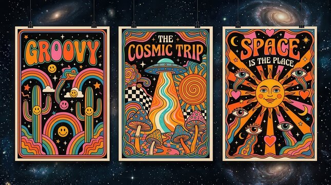 Set of Three Retro Psychedelic Posters with Groovy Cosmic and Space Themes in 70s Hippie Style Illustration
