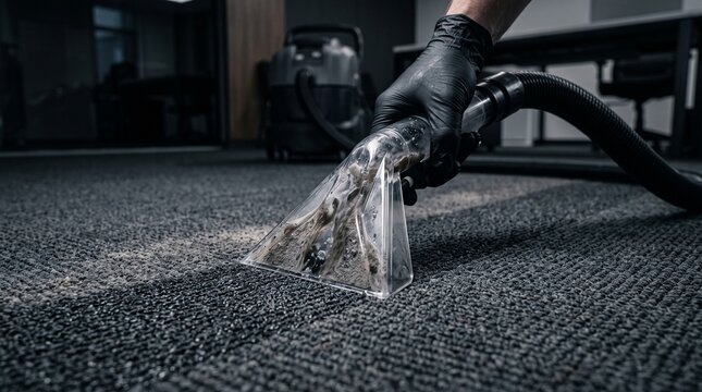 Gloved hand guiding a wet extraction vacuum nozzle over a dirty dark carpet to remove stains, professional cleaning service, floor maintenance, deep wash.