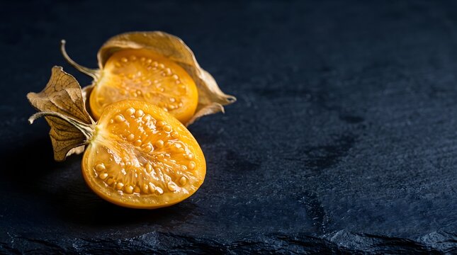 Sliced physalis fruits rest on a dark slate surface showcasing their golden interiors