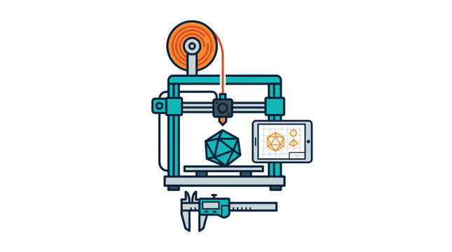 3d Printer Creating Geometric Object with Digital Design Display and Caliper