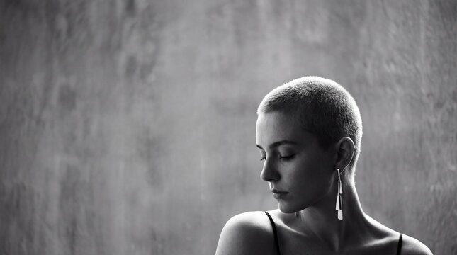 Empowerment Personified: A striking portrait of a confident woman with a bold, shaved hairstyle, her gaze downcast in thoughtful contemplation, set against a textured, monochromatic backdrop.