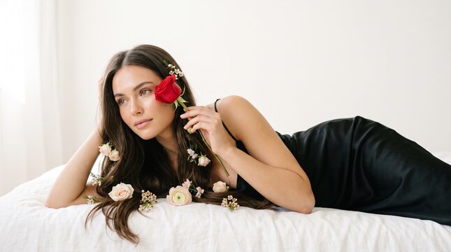 Ethereal Beauty: A beautiful woman with long, dark hair adorned with delicate roses and blossoms rests gracefully, exuding an aura of serene elegance.