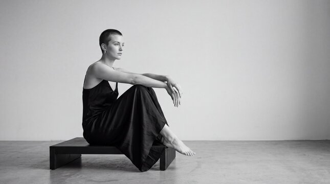 Poised Reflection: A woman with a shaved head, dressed in elegant dark attire, sits in contemplative repose on a minimalist platform, her gaze cast aside in a moment of quiet introspection.