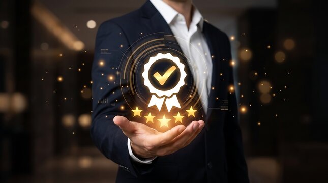 Businessman holding golden quality guarantee badge icon for corporate service standard and certification website banner.