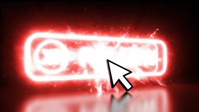 A glowing red neon follow button with a white mouse cursor clicking on a black background.