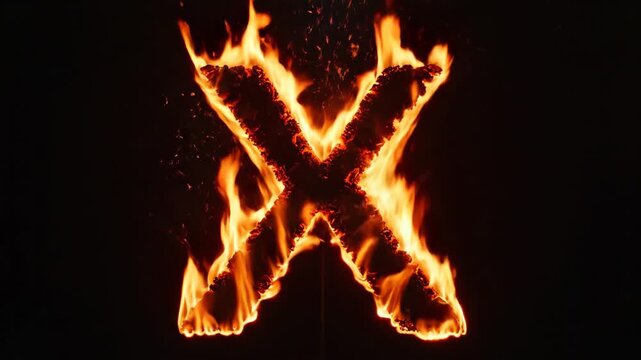 A large letter X engulfed in bright orange flames and smoke against a solid black background.