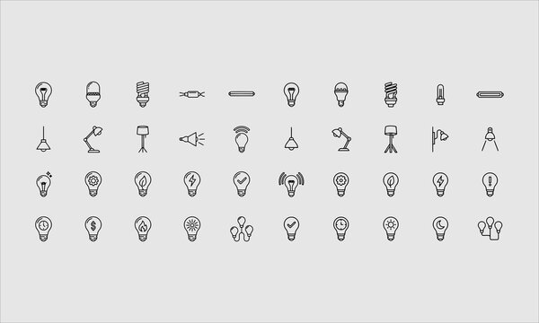 Light bulbs flat line icons. Led lamps types, fluorescent, filament, halogen, diode, energy saving illumination.