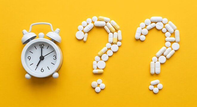 White analog alarm clock next to two question marks formed by various white and yellow pharmaceutical pills on a bright yellow background