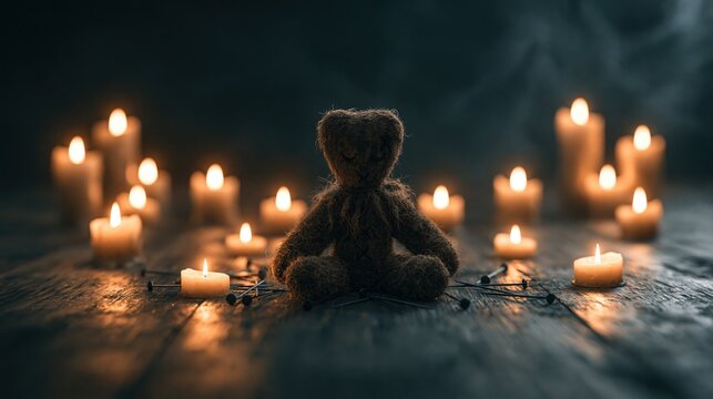 Scared teddy bear sitting in middle of many lit candles in dark room