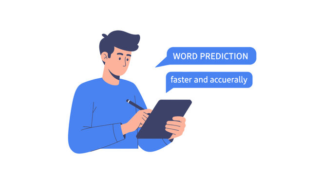 AI Word Prediction Concept Vector Illustration: Man Using Digital Tablet for Faster and Accurate Writing with Autocomplete Technology