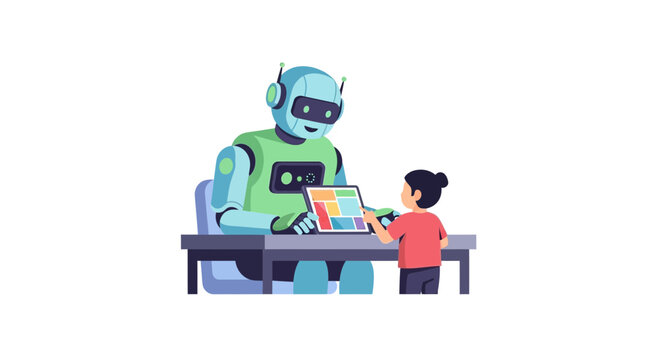 Friendly AI Robot Teaching Child with Digital Tablet, Modern STEM Education and Artificial Intelligence Future Learning Concept Vector Illustration Isolated on White Background
