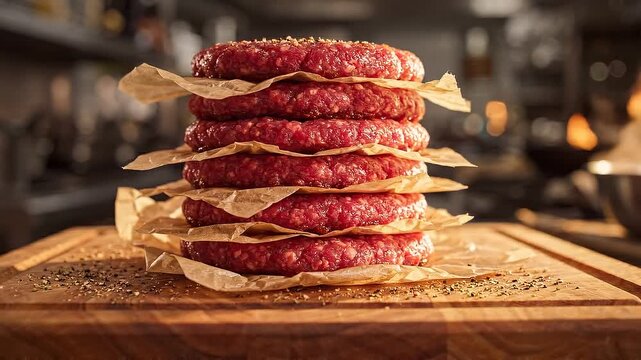 Fresh raw beef patties stacked with parchment on rustic butcher block in cozy kitchen
