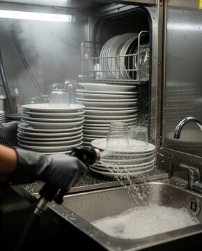 Commercial kitchen worker washing stacked plates and drinking glasses near