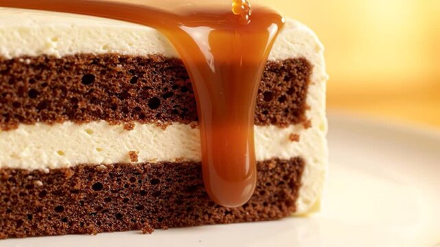 Fresh caramel sauce dripping over a layered chocolate cake slice on a white plate