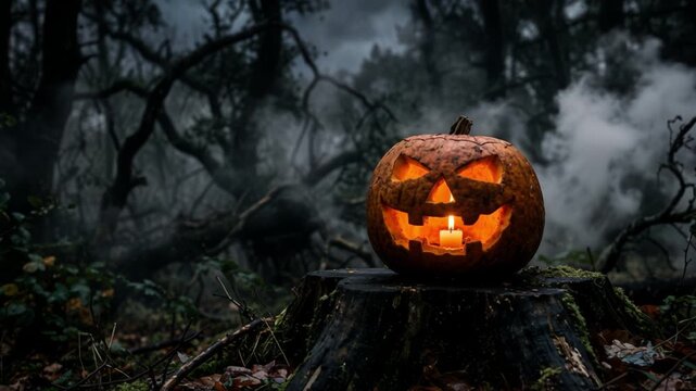 Spooky Halloween pumpkin with glowing candle. Jack o lantern on tree stump in misty forest. Eerie carved pumpkin in dark foggy woods.